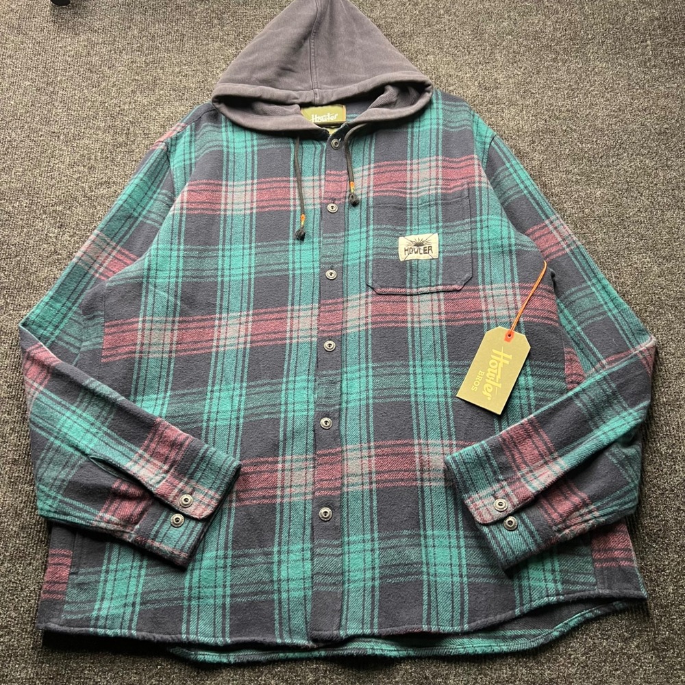 Howler Bros Salvo Hooded Blanket Flannel Shirt Mesa Plaid Midnight Mens XL 2218